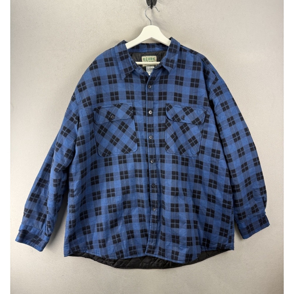 Vintage Ozark Trail Flannel Shirt Jacket 3XL Blue Plaid Quilted Lined USA